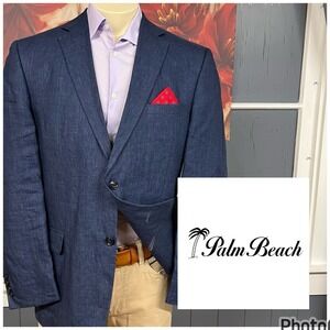 Palm Beach Linen Blazer Jacket Sport Coat Mens 42R Classic Fit Navy